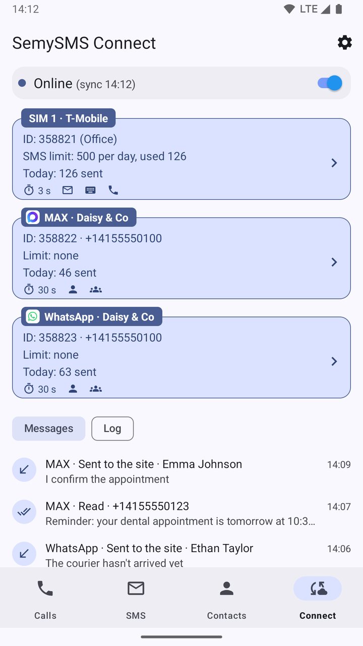 Connect tab: SIM, WhatsApp and MAX, task log